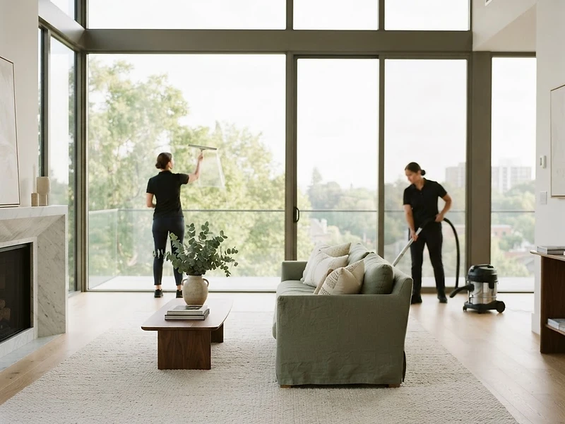 Professional cleaners in black polos working in a sunlit minimalist living room