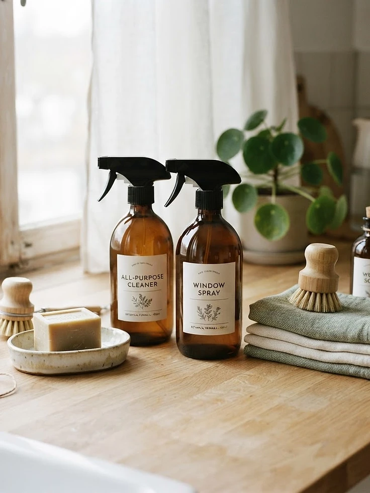 Premium eco-friendly cleaning supplies arranged on a wooden counter