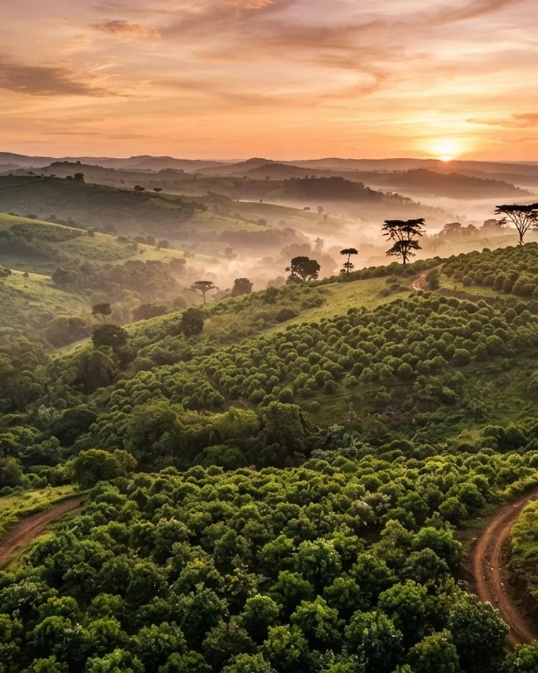 Kenyan highlands with macadamia orchards at golden hour