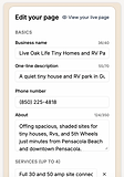 Page editor showing business name, description, phone, and services