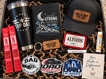 Dad Care Box filled with a tumbler, notebook, hat, beef sticks, keychain, mints, lip balm, pen, stickers, and a card