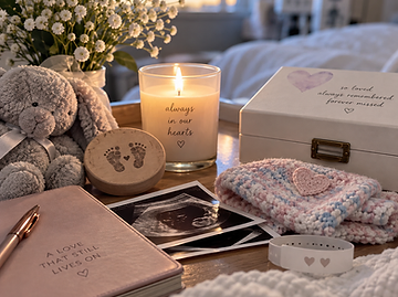 A memorial arrangement on a wooden table, featuring a lit candle inscribed with always in our hearts, a blush-pink notebook, baby sonogram photos, a hand-crocheted heart, and a keepsake box, signifying remembrance and pregnancy loss support.