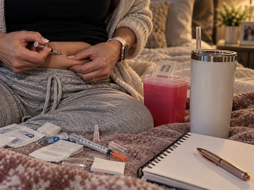 A woman sitting on her bed at home, preparing for an IVF injection. Her medical supplies, including a sharps container, syringes, and prep pads, are spread out on a blanket in front of her alongside a notebook, a pen, and a tumbler.