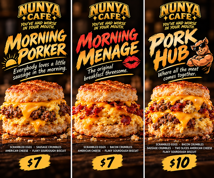All three NUNYA breakfast sandwiches: MORNING PORKER $7, MORNING MENAGE $7, and PORK HUB $10
