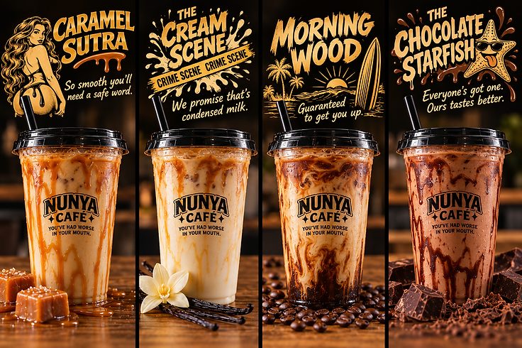 All four NUNYA iced coffees: Caramel Sutra, The Cream Scene, Morning Wood, and The Chocolate Starfish