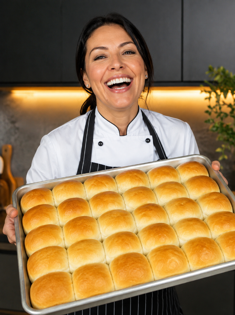Chef Valentina Herrera sosteniendo una bandeja de panecillos dorados recién horneados