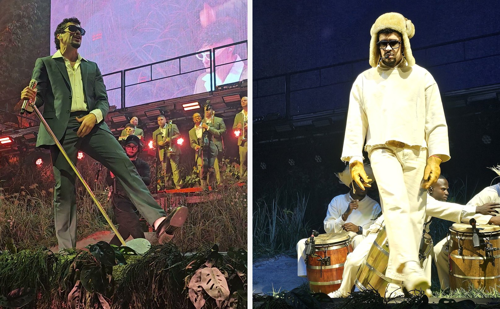 Bad Bunny at the Coliseo de Puerto Rico: in a green suit leaning on the mic stand, and in white beside the bomba drummers