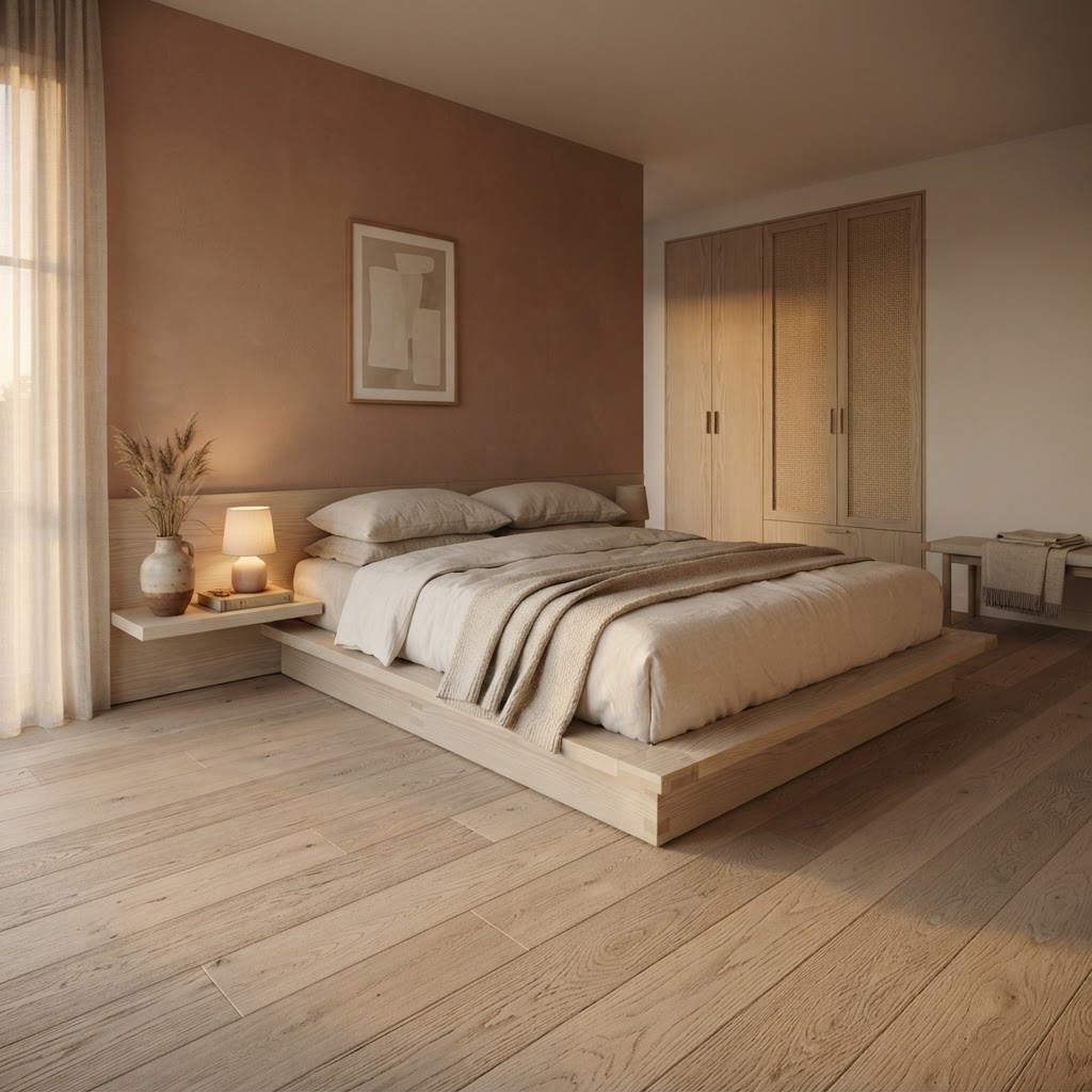 Schlafzimmer mit heller Esche und terrakottafarbener Akzentwand