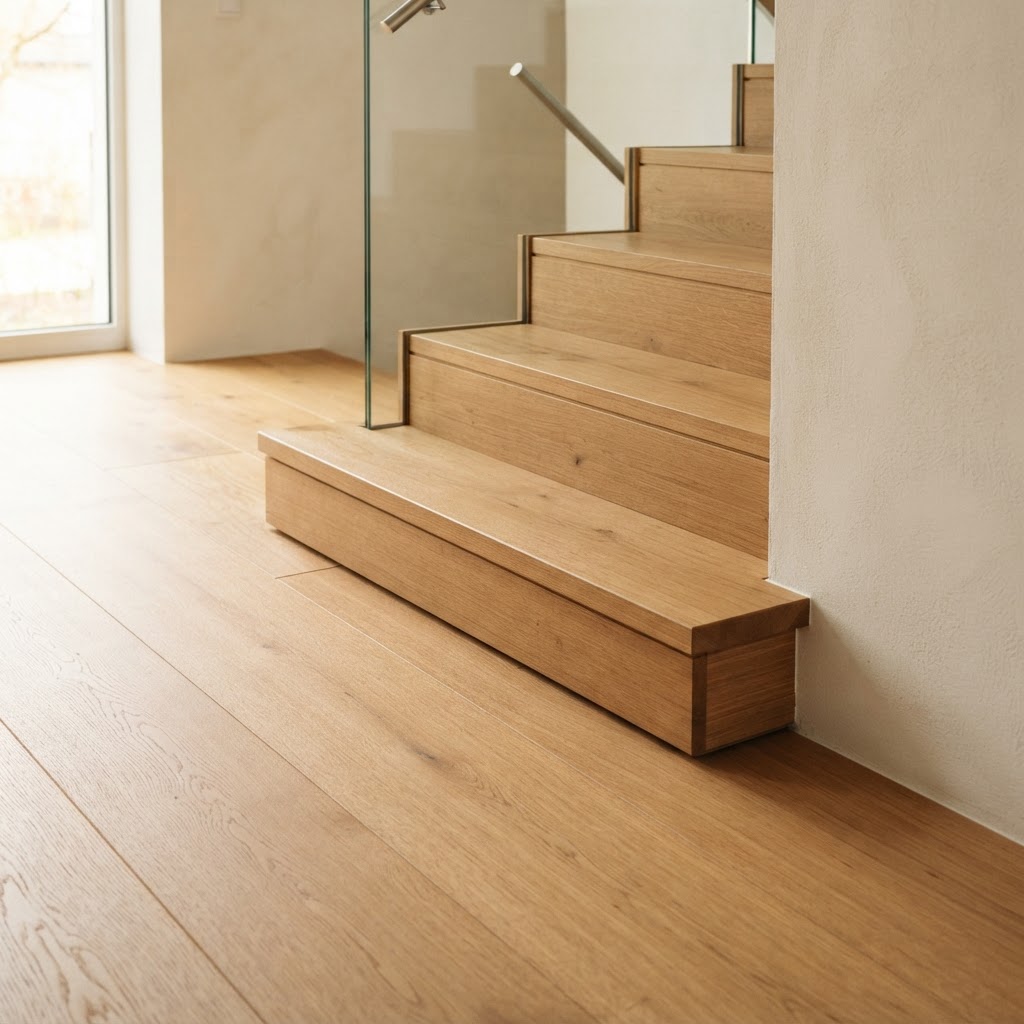 Präziser Anschluss eines Eichenbodens an eine moderne Treppe