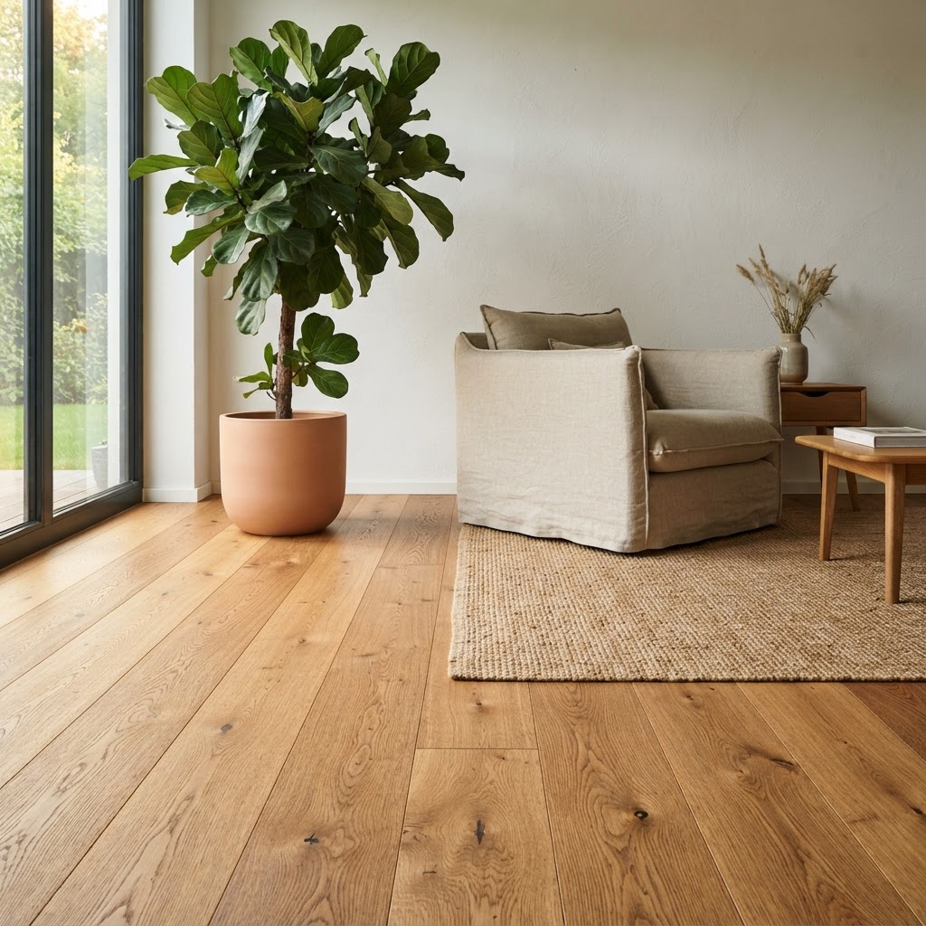 Natürlicher Holzboden mit großer Zimmerpflanze und hellem Wohnbereich