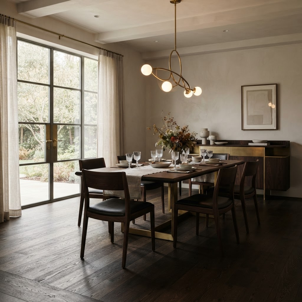 Eleganter Essbereich mit dunklem Eichenboden und mineralischer Wandfarbe