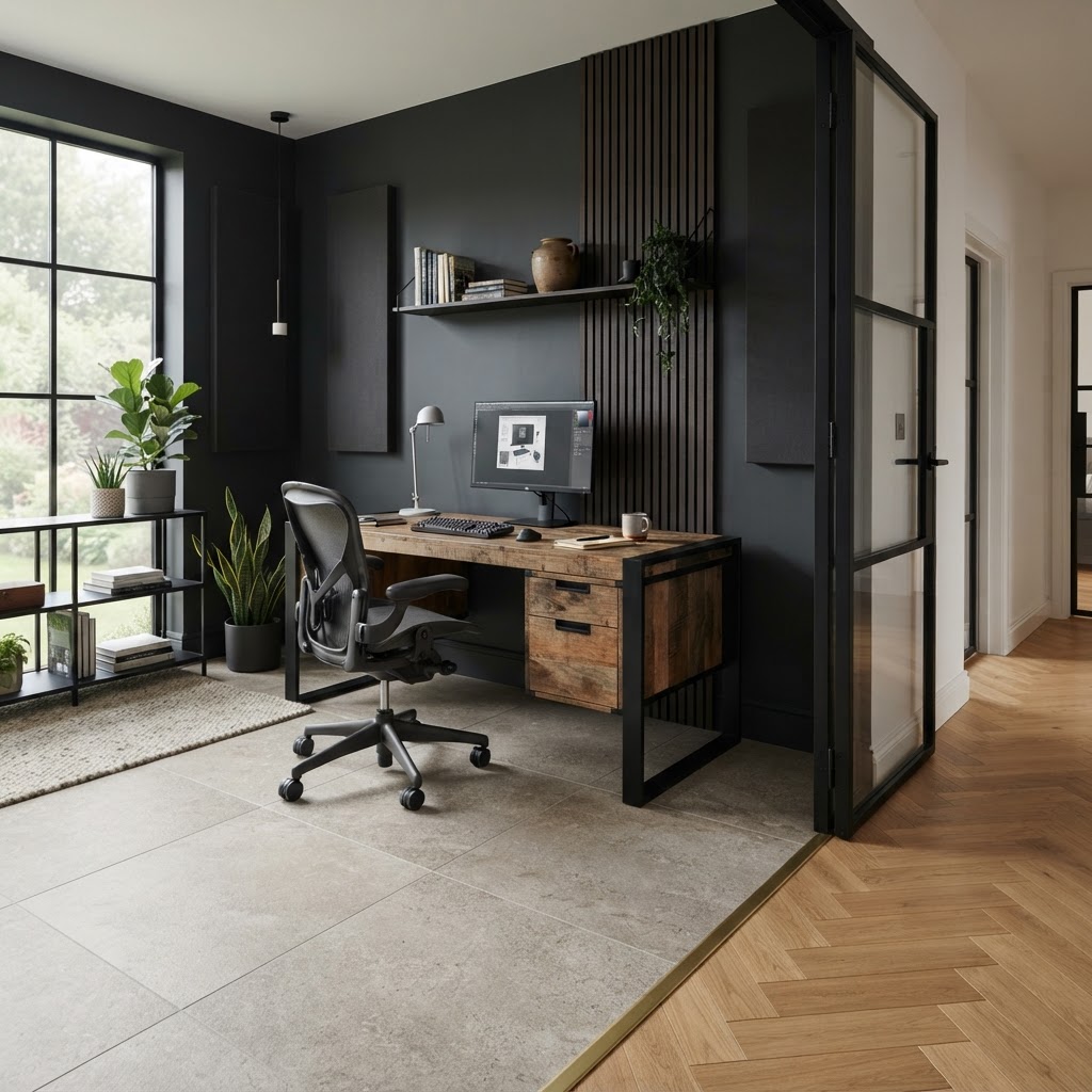 Arbeitszimmer mit Natursteinoptik-Boden und präzisem Übergang an der Tür