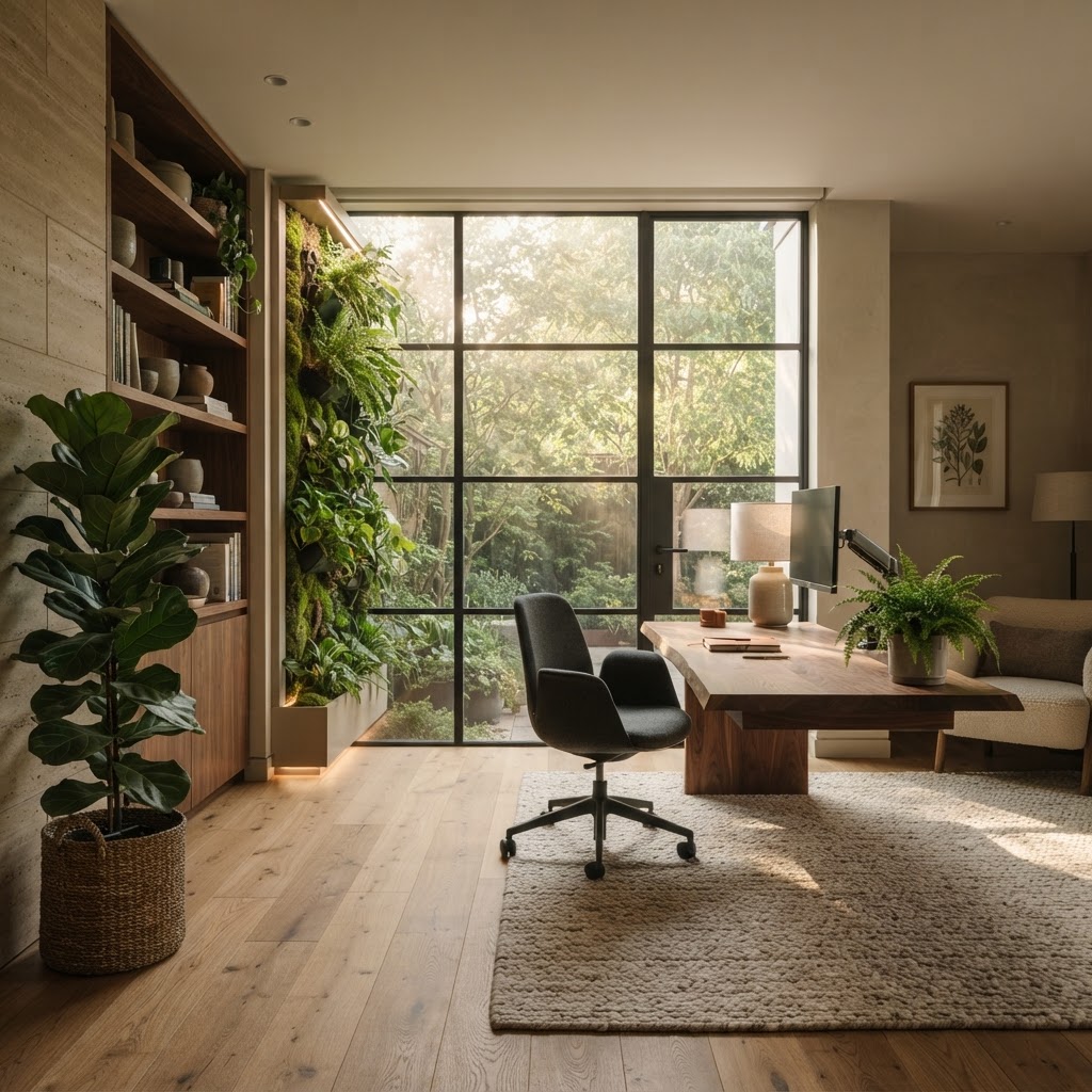 Ruhiges Homeoffice mit Boden, vertikalen Pflanzen und weichem Licht