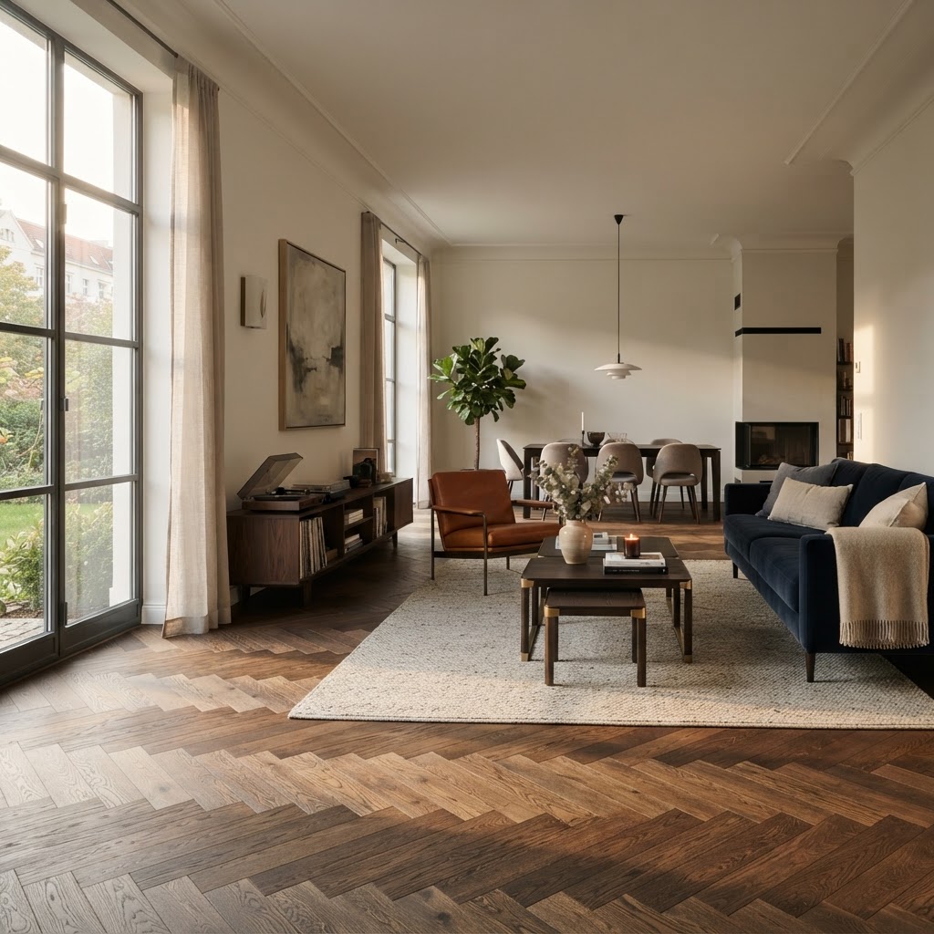 Wohnzimmer mit dunklem Eichenparkett und warmweißen Wänden