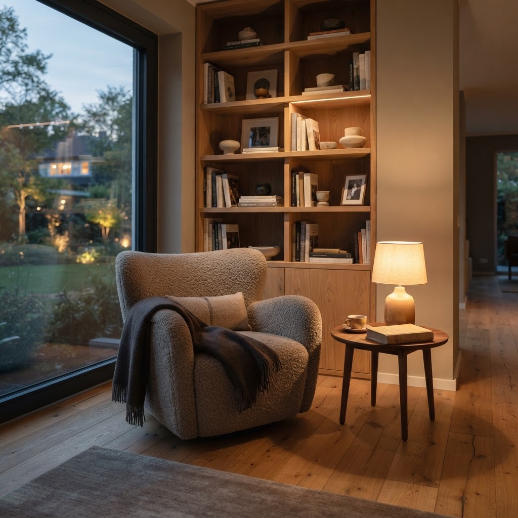 Ruhige Leseecke mit abgestimmter Materialpalette und Holzboden