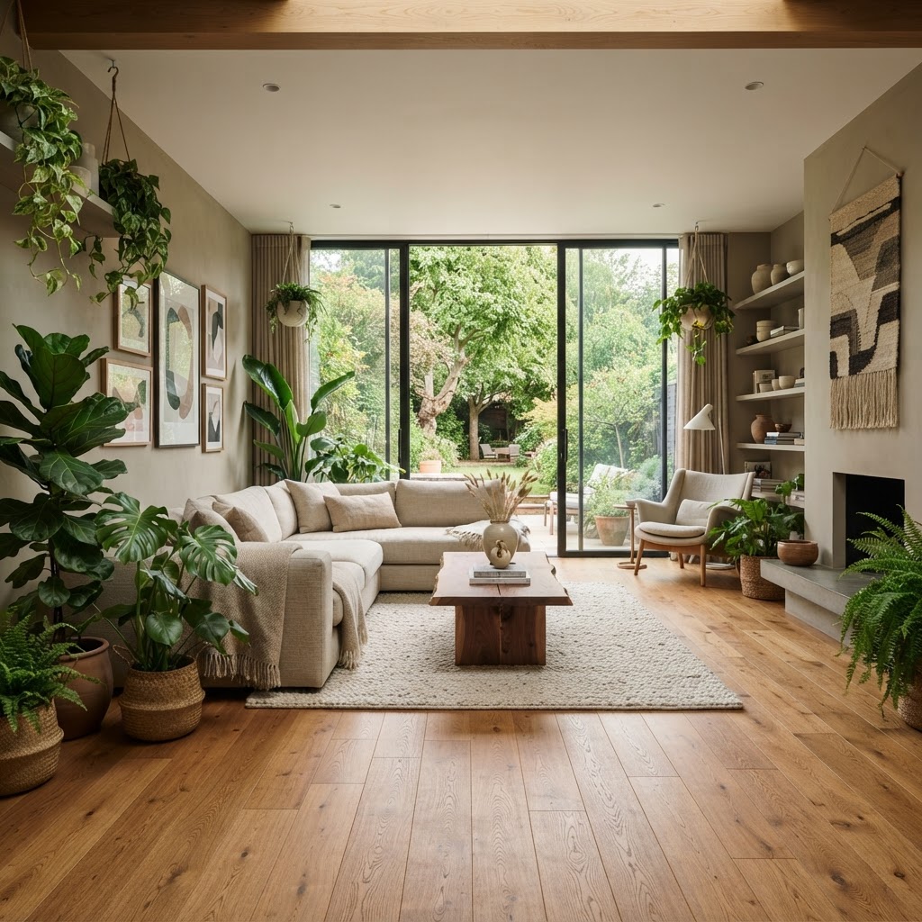 Biophiler Wohnraum mit warmem Eichenboden und vielen Grünpflanzen
