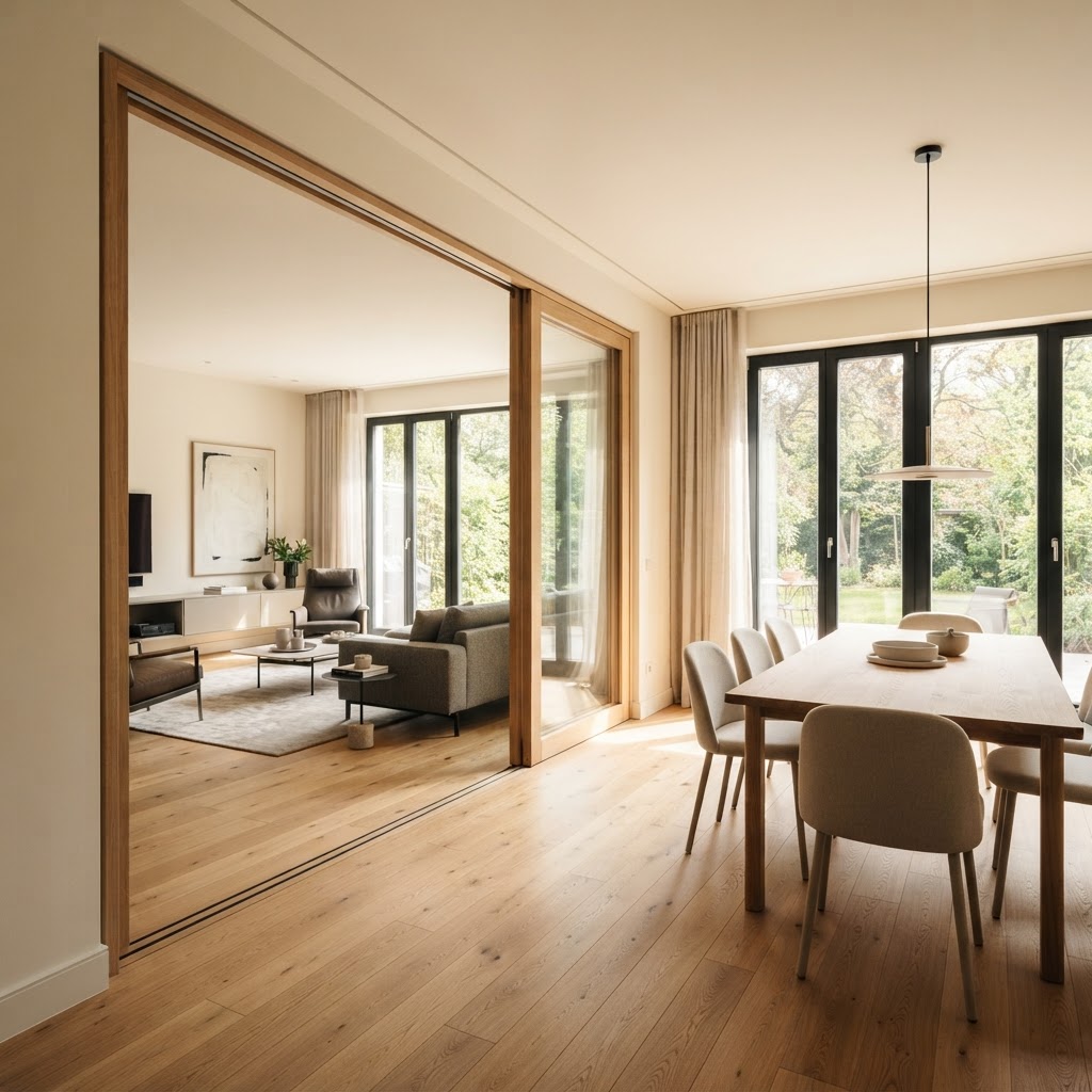 Geöffnete Schiebetrennwand aus Holz und Glas zwischen Wohn- und Essbereich