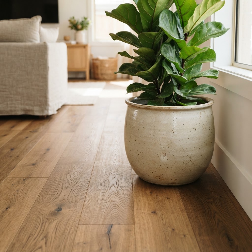 Natürlicher Holzboden neben einem großen Pflanzgefäß im Wohnraum