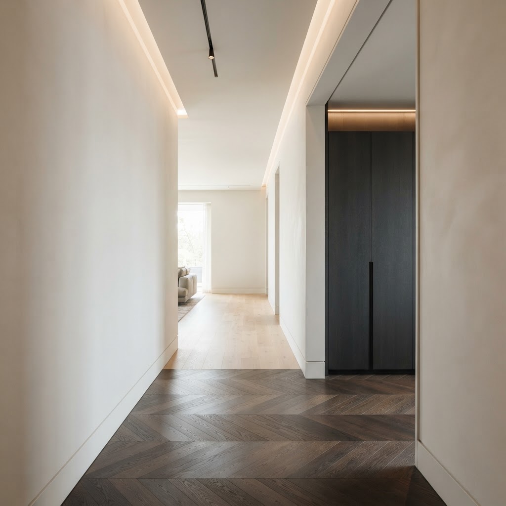 Flurnische mit Einbauschrank, Schattenfugen und indirektem Licht