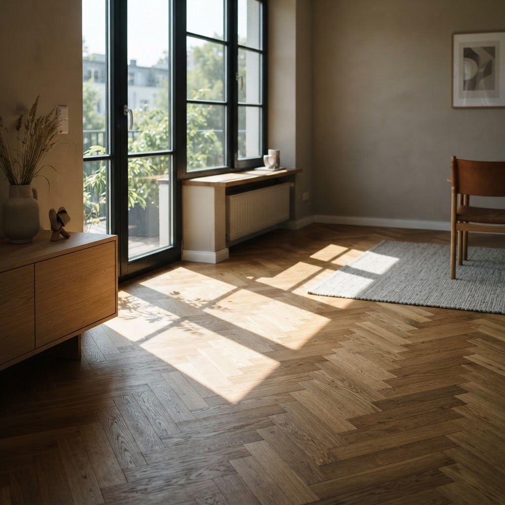 Lichtkante auf einem natürlichen Parkettboden im Wohnraum