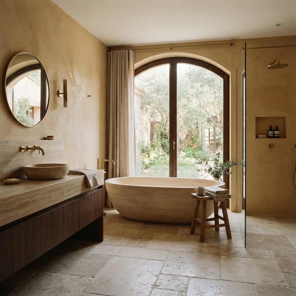 Badezimmer mit Natursteinboden und ockerfarbener Wand