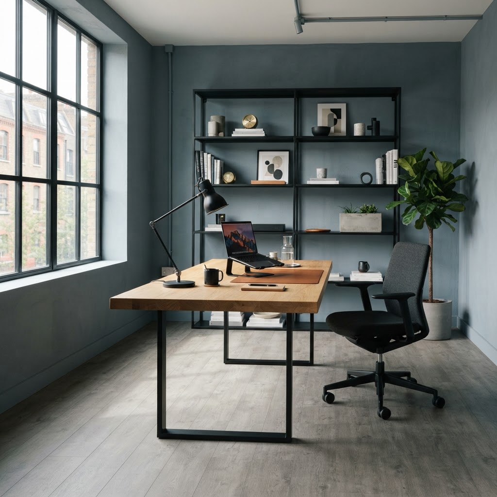 Modernes Arbeitszimmer mit Betonoptik-Vinyl und blaugrauen Wänden