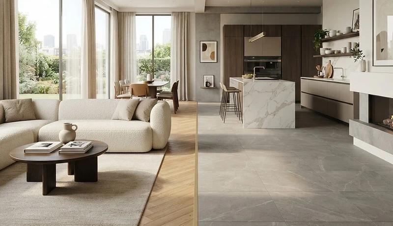 Materialmix im Wohnraum: Holz, Stein & Designboden