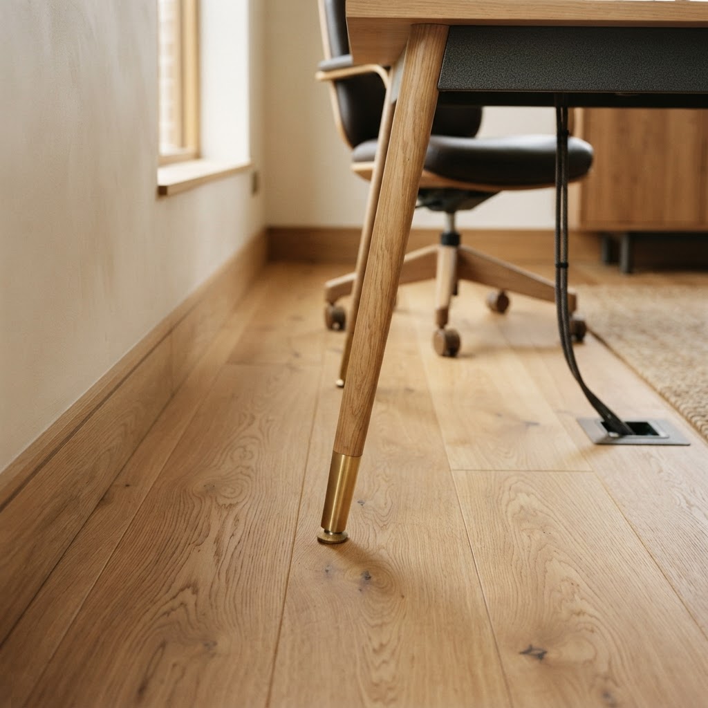 Detail eines präzise ausgeführten Holzbodens im ruhigen Homeoffice