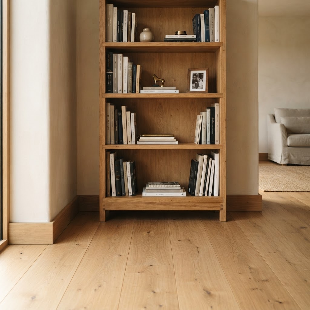 Detail eines maßgefertigten Holzregals auf präzise gearbeitetem Boden
