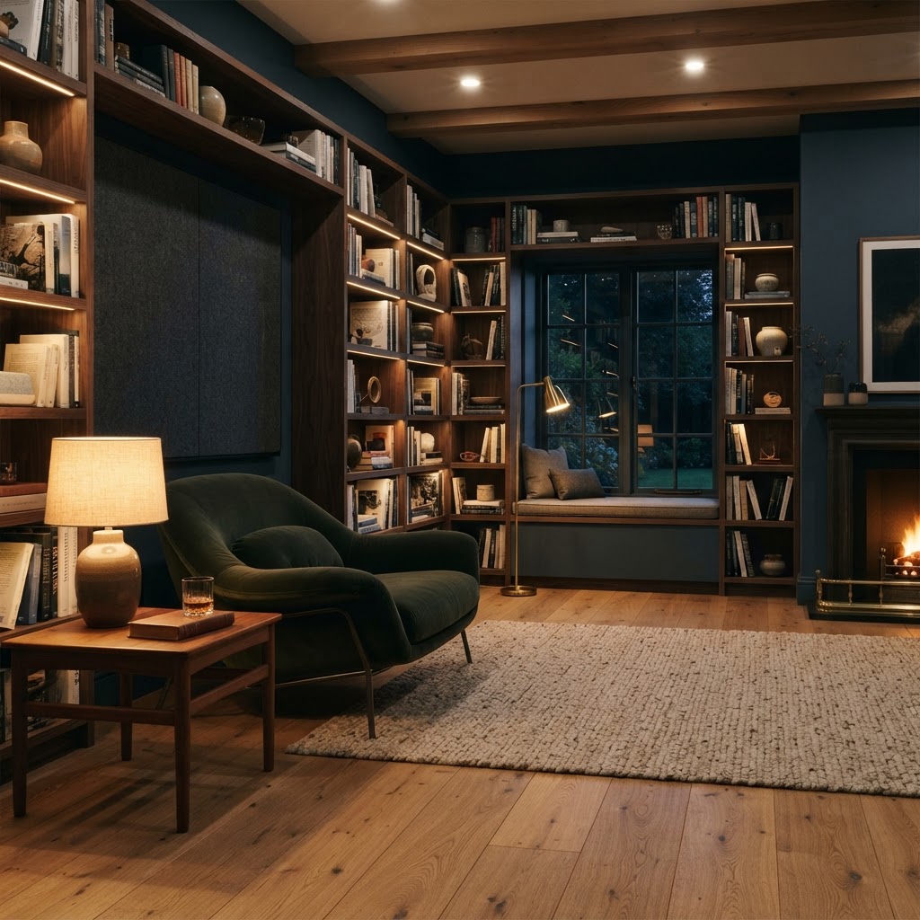 Stimmungsvoll beleuchtete Bibliothek mit Holzboden und textilen Akustikelementen