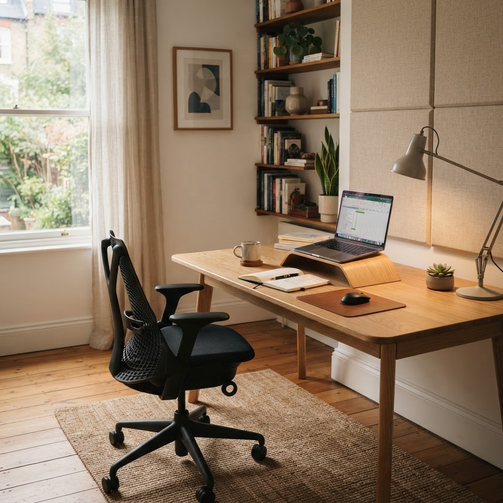 Harmonisch integrierter Homeoffice-Arbeitsplatz in einer offenen Wohnzone