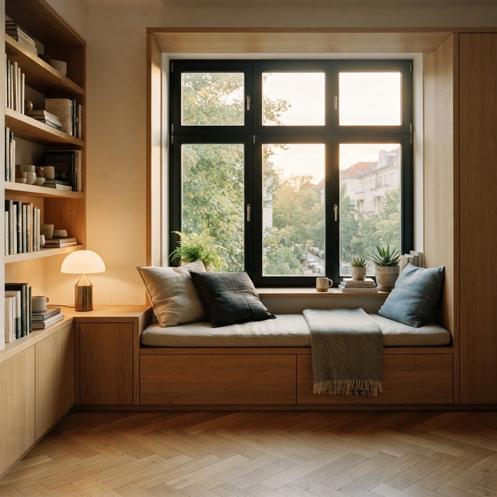Leseplatz am Sitzfenster mit warmem Tageslicht auf dem Parkett