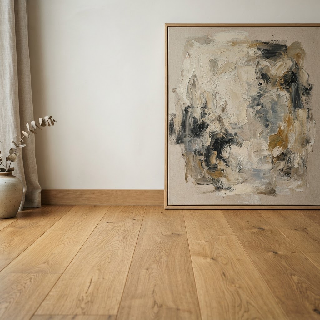 Natürlicher Eichenboden mit abstraktem Kunstwerk in einem ruhigen Wohnraum