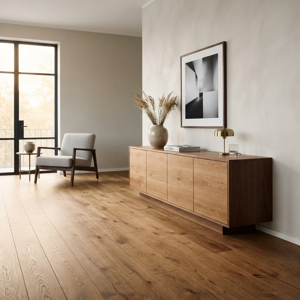 Niedriges Sideboard und parallel verlaufende Holzdielen in einem ruhigen Interieur