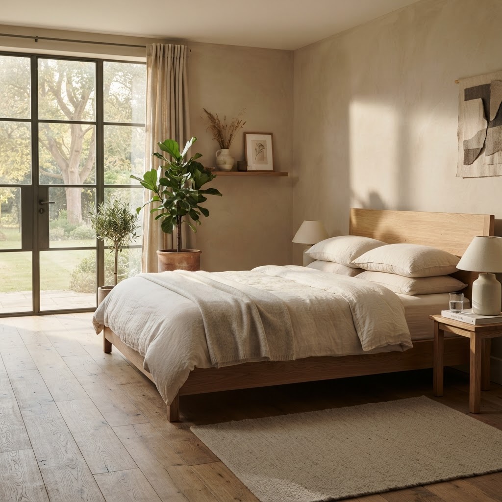 Ruhiges Schlafzimmer mit Eichenboden und zurückhaltender Bepflanzung