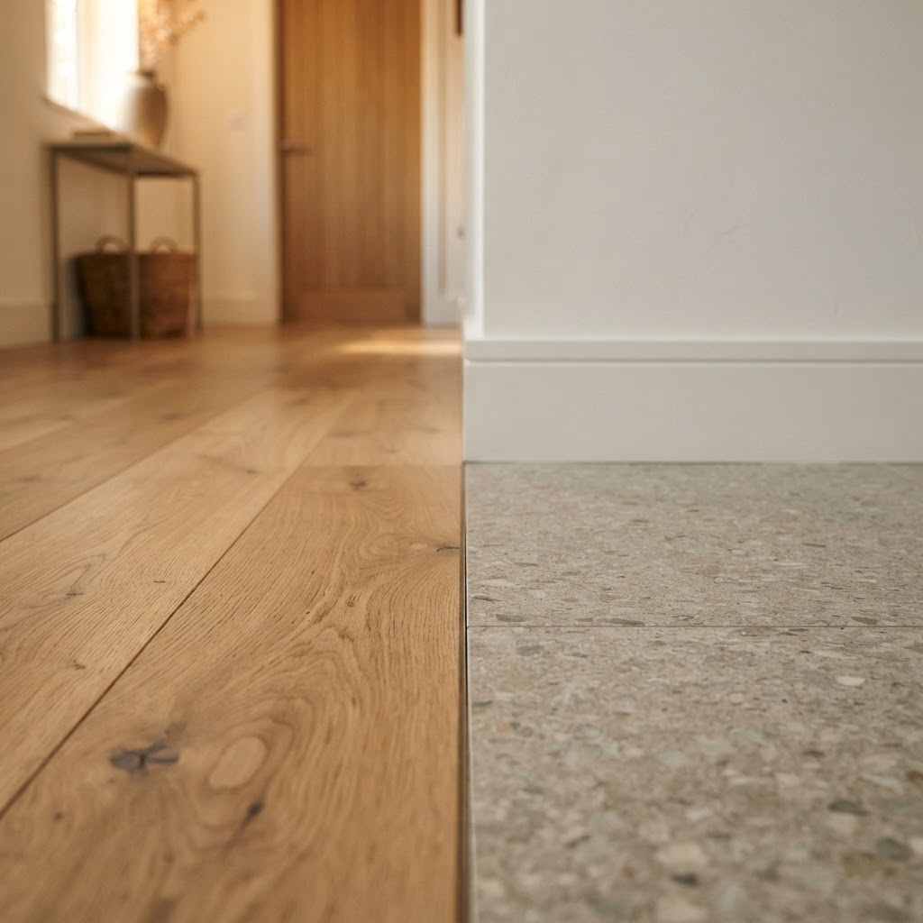 Hochwertiger Übergang zwischen Holz- und Mineralboden mit präziser Fuge