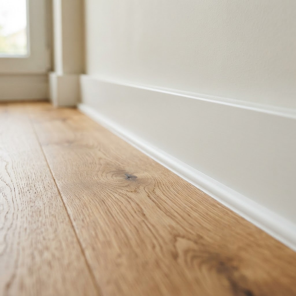 Sauber ausgeführter Bodenanschluss an einer Badwand im weichen Tageslicht