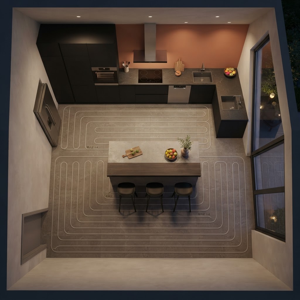 Draufsicht auf eine moderne Küche mit markierten Heizflächen unter einer Vinyloberfläche in Betonoptik