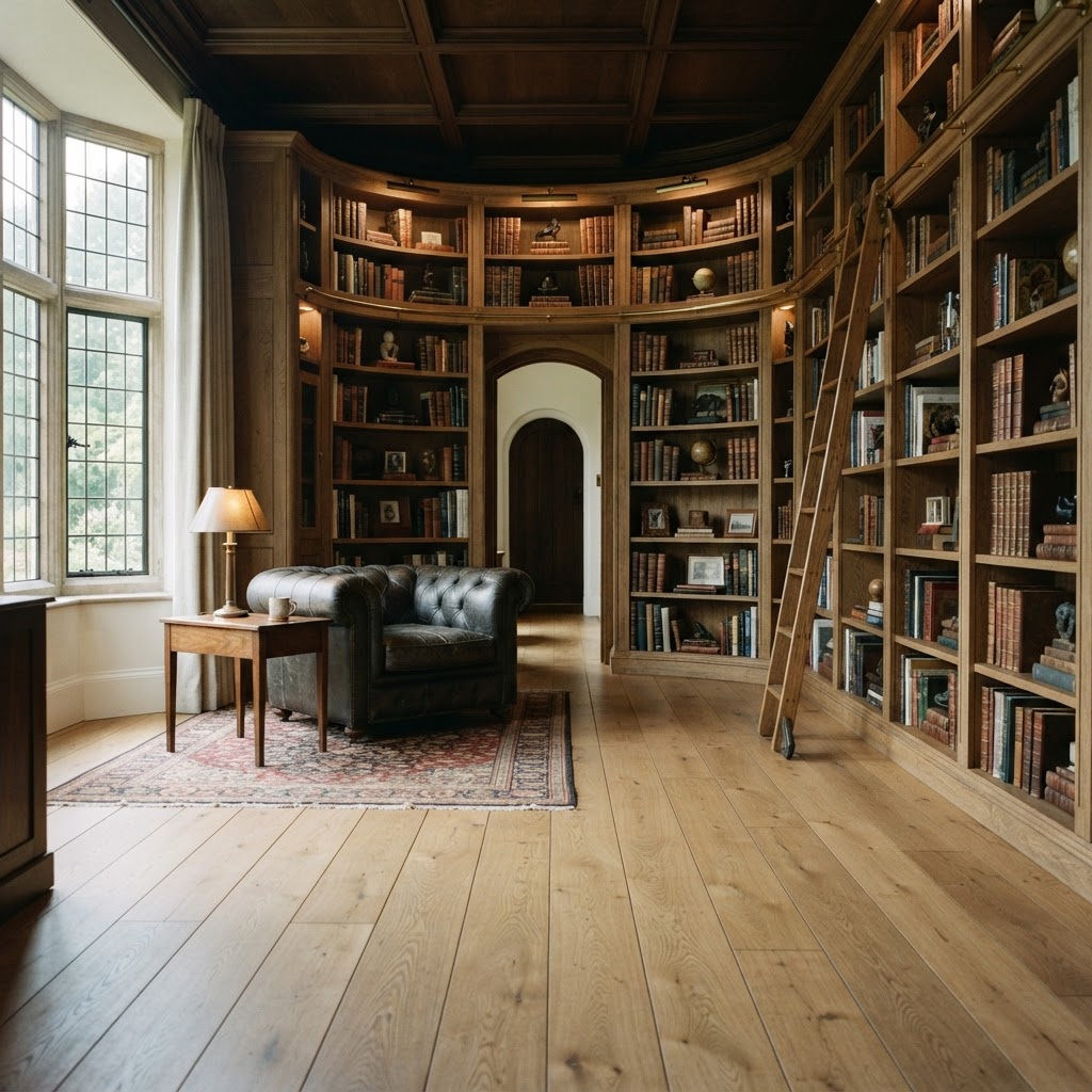 Natürlicher Eichenboden im Rhythmus einer maßgefertigten Bibliothek