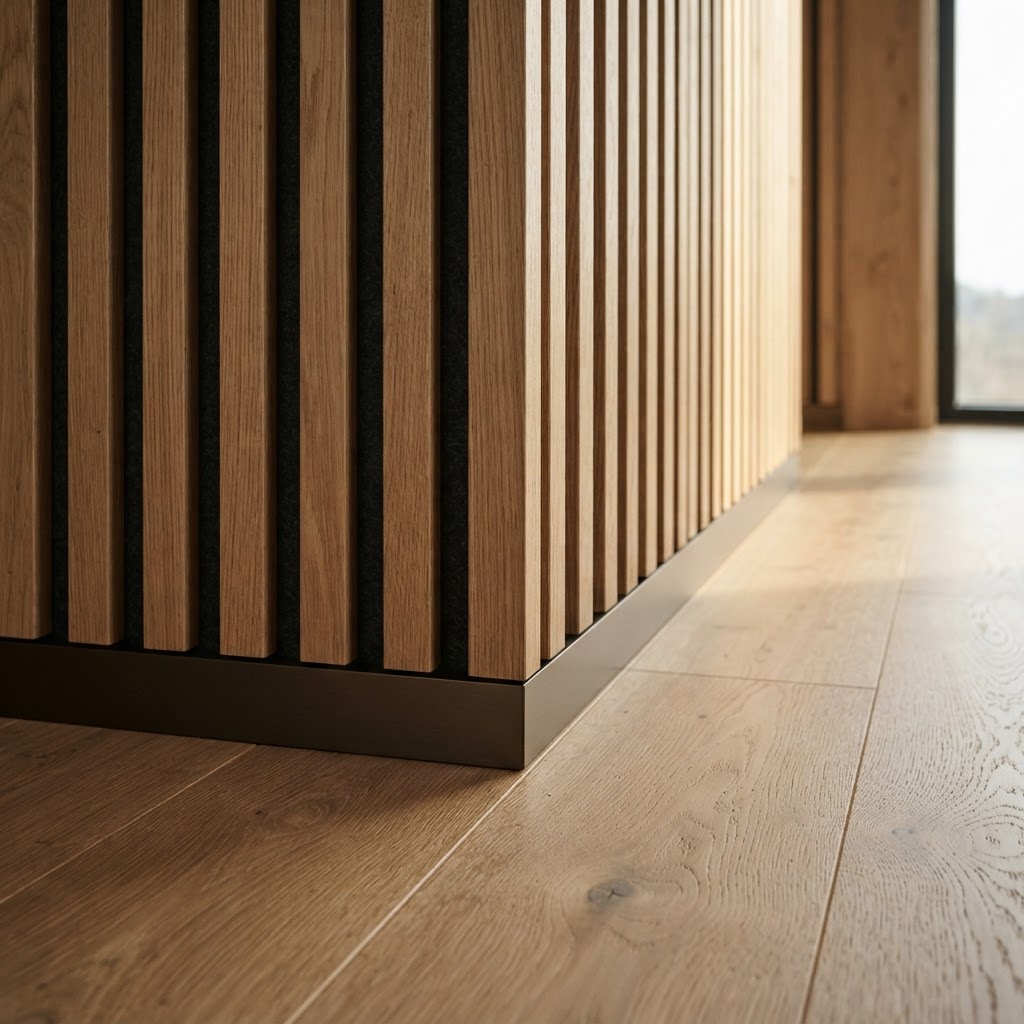 Präzises Detail von Holzboden, Sockelleiste und akustisch wirksamer Lamellenwand