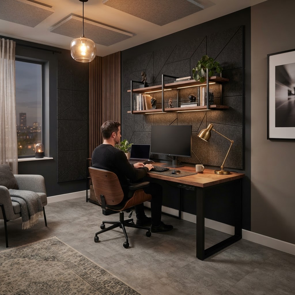 Modernes Arbeitszimmer mit Betonoptik-Vinyl und anthrazitfarbenen Akustikflächen