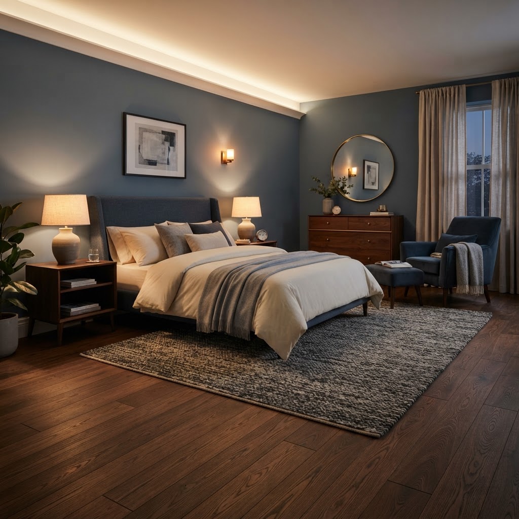 Fertiggestelltes Schlafzimmer mit dunklem Nussbaum-Boden