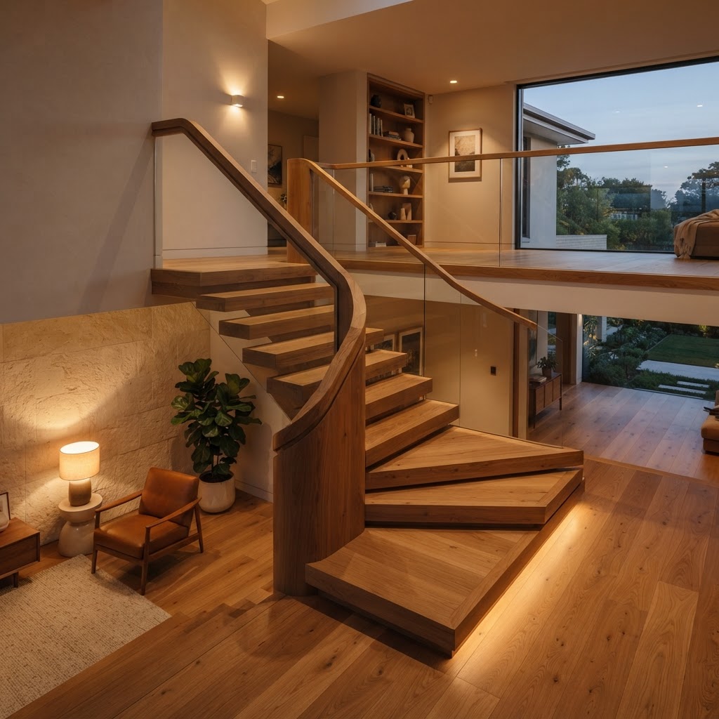 Warme Abendstimmung an einer Treppe mit durchgängigem Materialkonzept