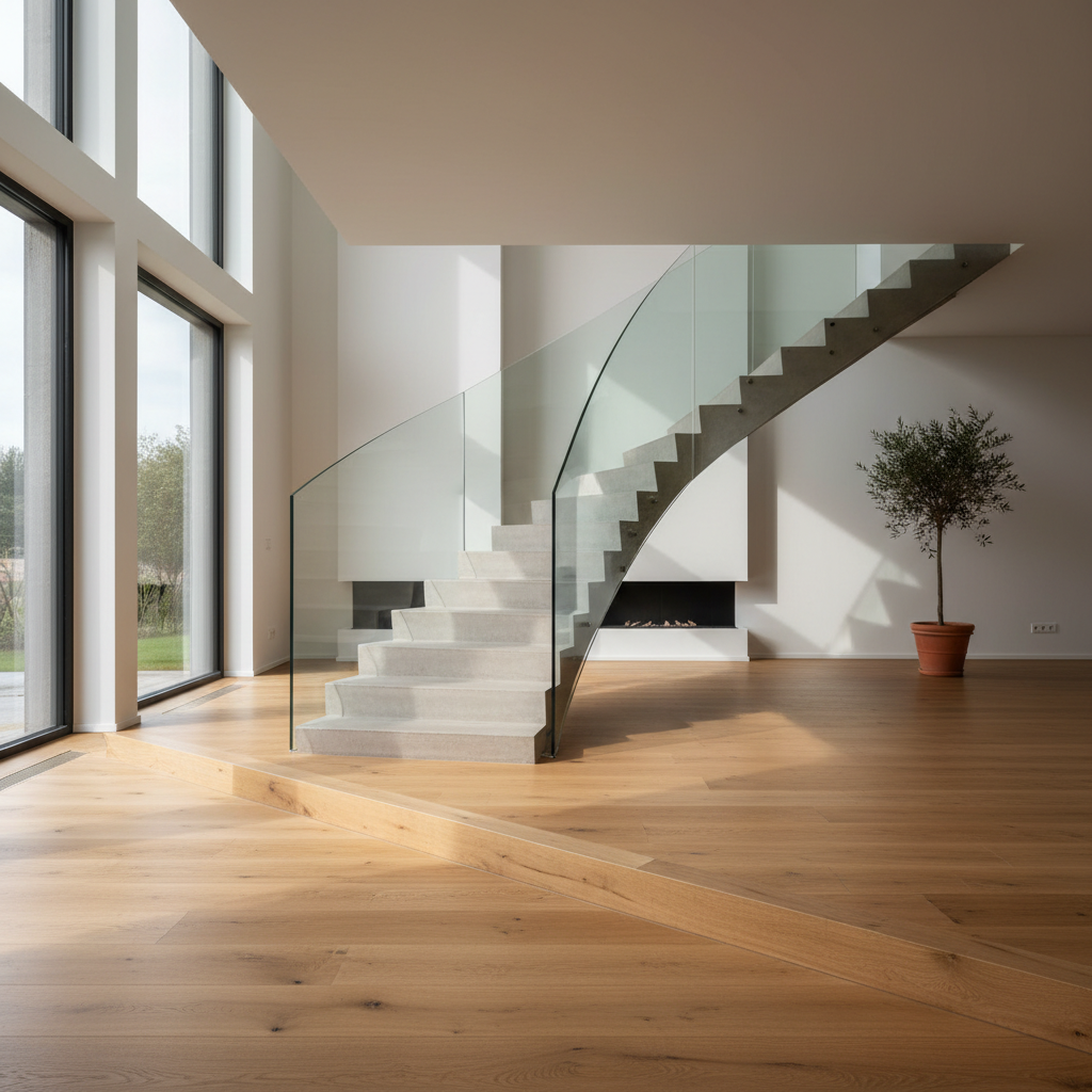 Moderne Treppe mit durchgehendem Eichenboden im Wohnraum