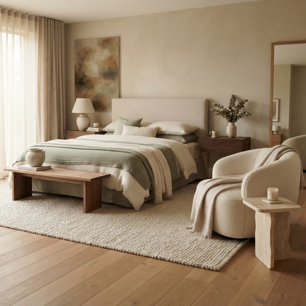 Ruhiges Schlafzimmer mit taktiler Holzoberfläche und natürlichen Textilien