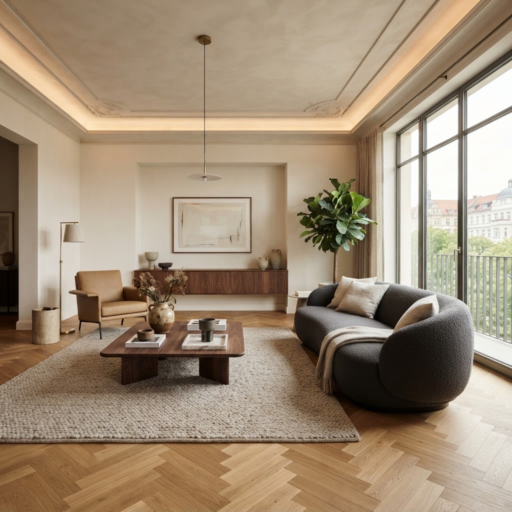 Wohnraum mit natürlichem Holzboden und abgestimmter Decke