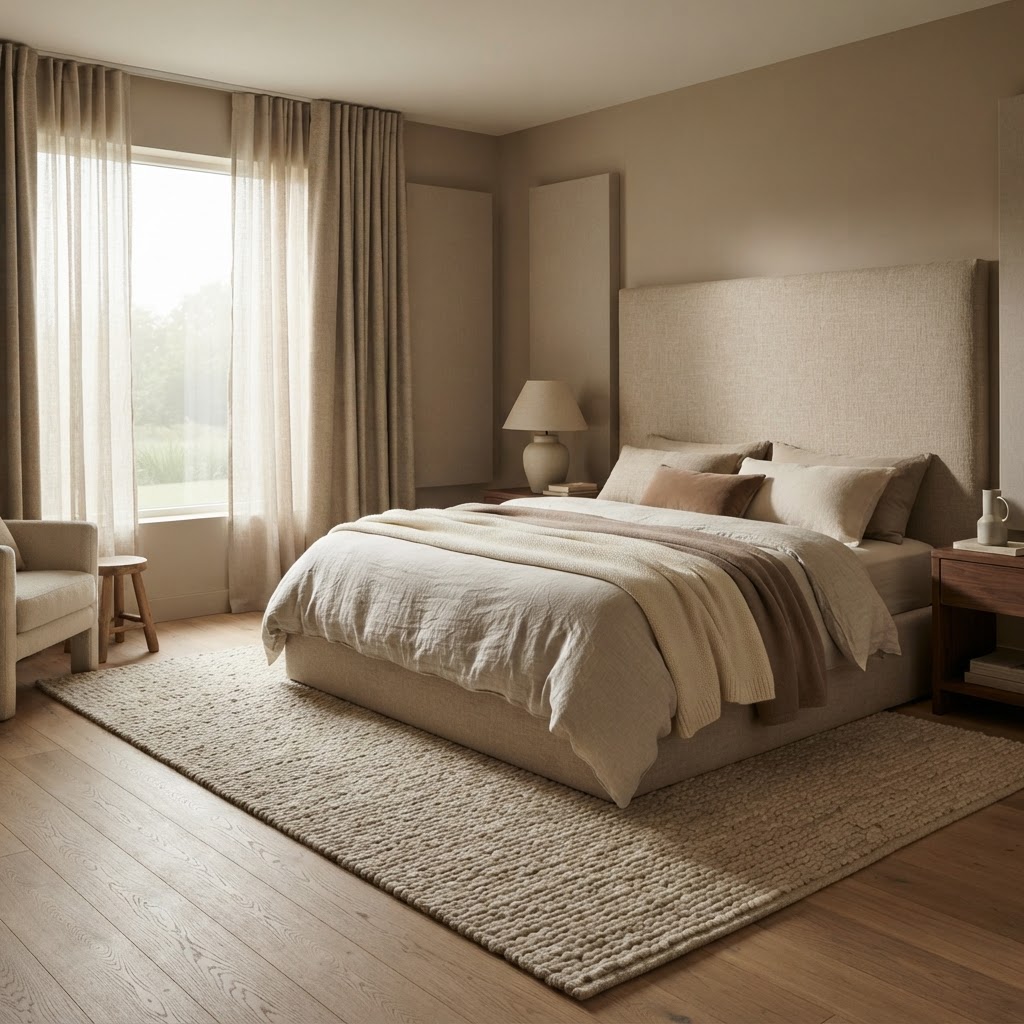 Schlafzimmer mit Holzboden, Polsterbett und weichen Vorhängen