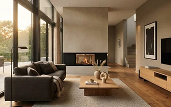 Boden und Kamin: Feuerstelle, Materialkontraste und die ruhige Mitte des Raumes