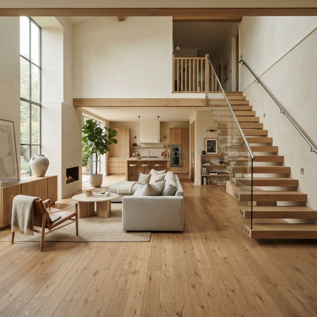 Offener Wohnraum mit Treppe und durchgehendem Holzboden
