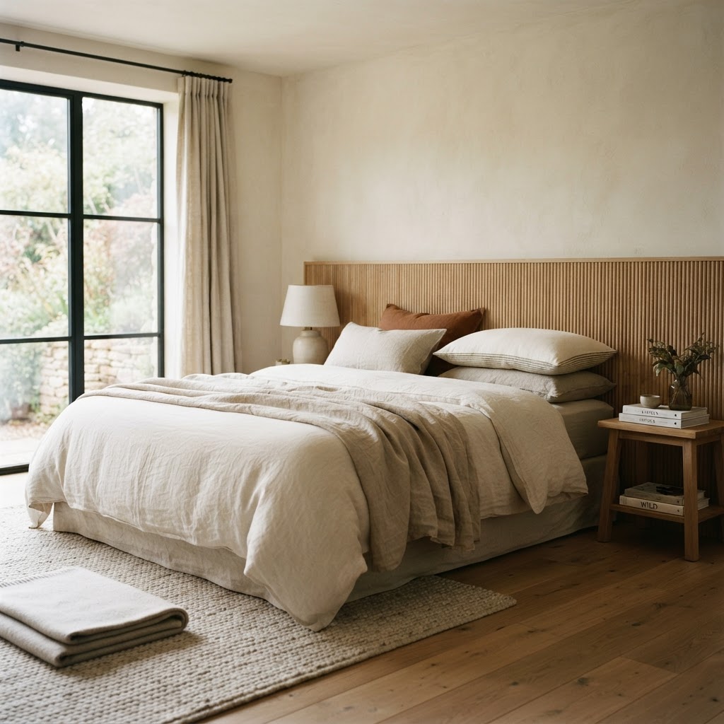 Ruhiges Schlafzimmer mit Holzboden, Leinen und geriffeltem Holz